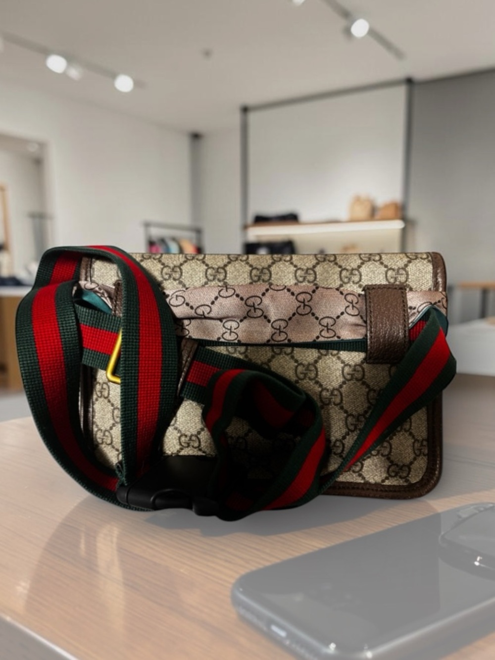 Authentic Gucci Beige and Brown Monogram Belt Bag …like new condition. Dust bag.